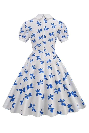 Vestido Vintage Mangas Cortas Estampado Blanco